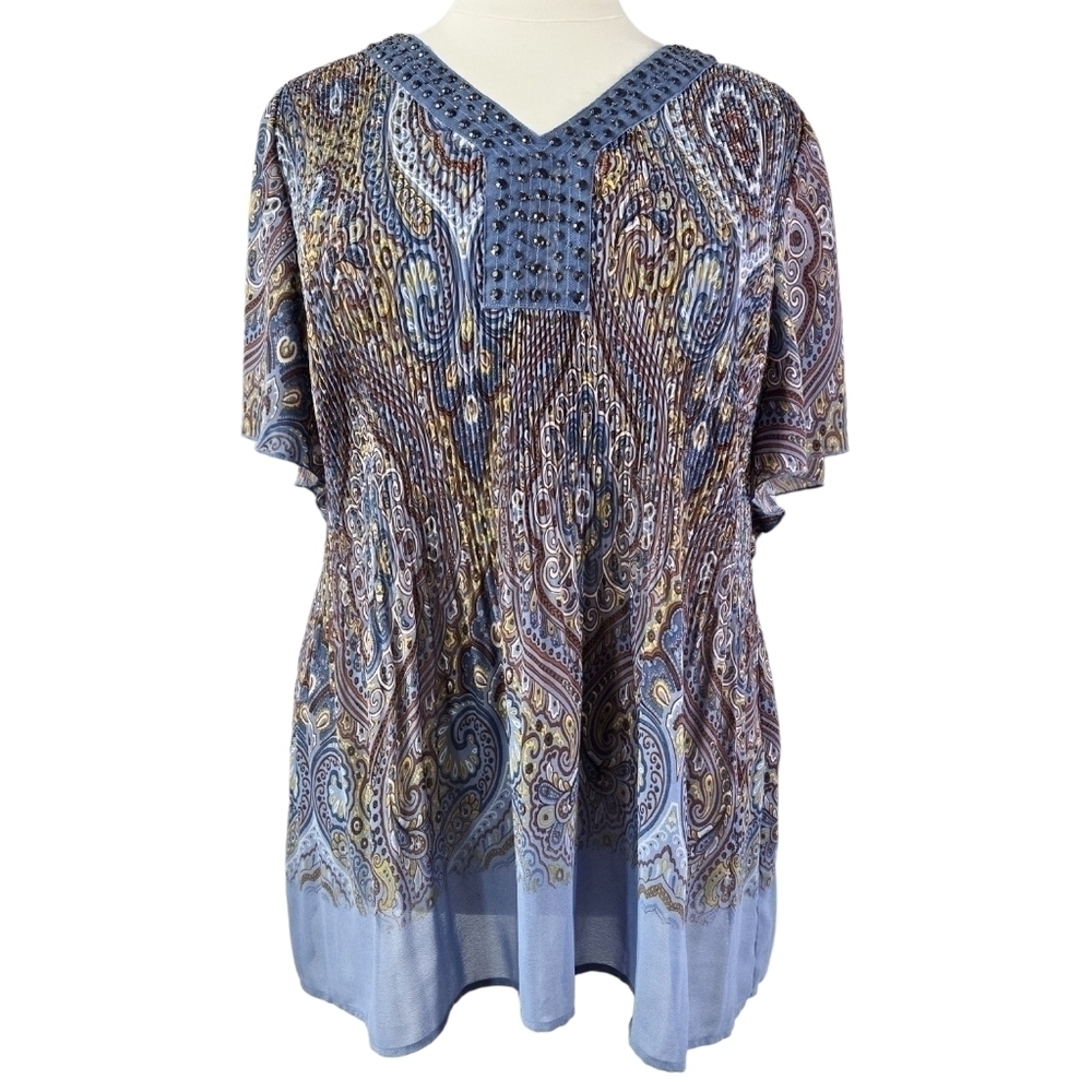 Catherines Blue Paisley Pleated Beaded V-Neck Flutter Sleeve Sheer Tunic Boho